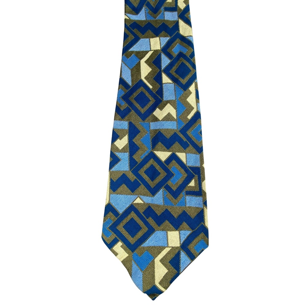 VTG Abstract Geometric Necktie Blue Gold Cream Art Deco 70s Disco Wide 4.5x56